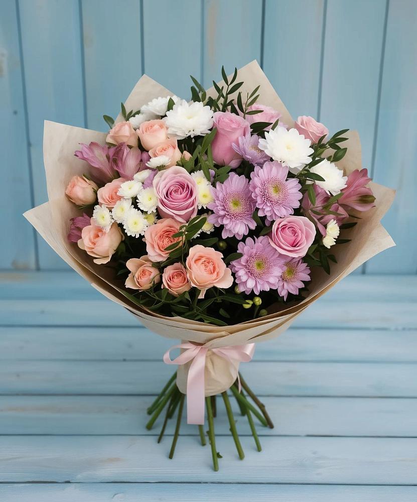 Букет цветов из: Хризантемы, Розы и Альстромерии в Серпухов-15