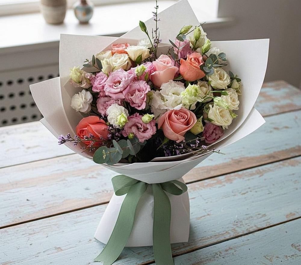 Букет цветов из: Розы, Лизиантусы и Гвоздики в Серпухов-15