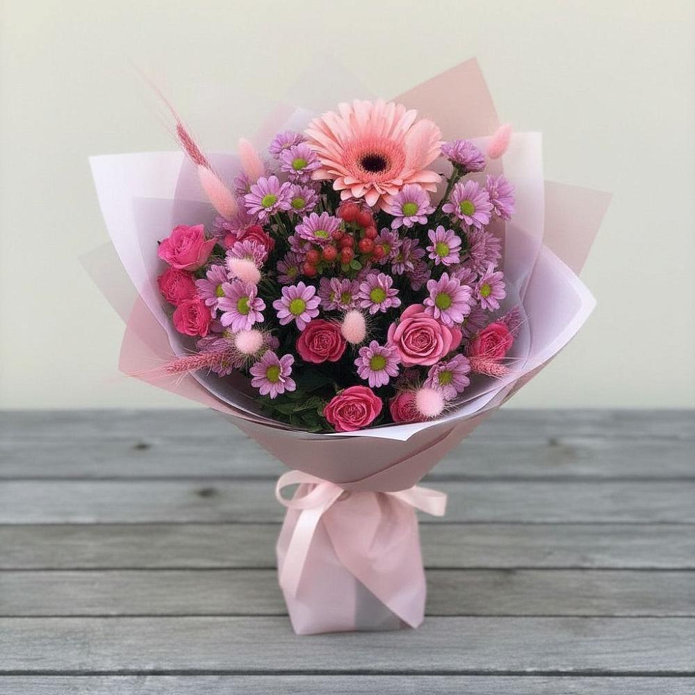 Букет цветов из: Розы, Герберы и Хризантемы в Серпухов-15