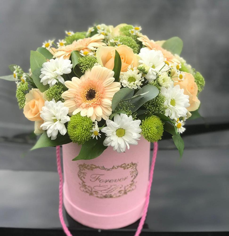 Цветочная композиция из Розы, Герберы и Хризантемы в шляпной коробке в Серпухов-15